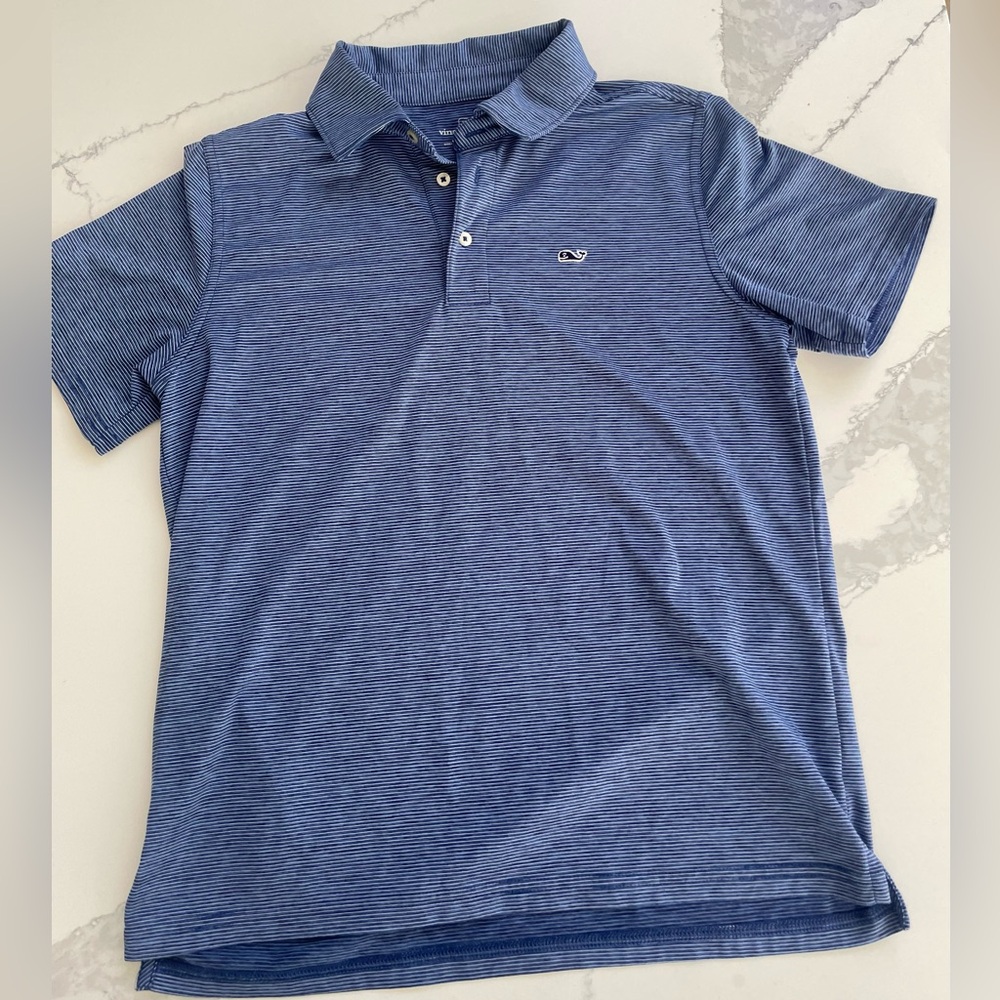 Vineyard Vines boys performance polo shirt. Navy with white stripes.